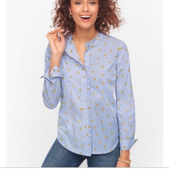 Talbots Tops - Talbots Heart & Stripe Ruffle Band Collar Cotton Poplin Button Down Top L